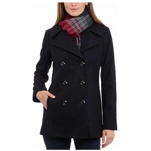 LONDON FOG Womens Double Breasted Peacoat With Scarf, Black